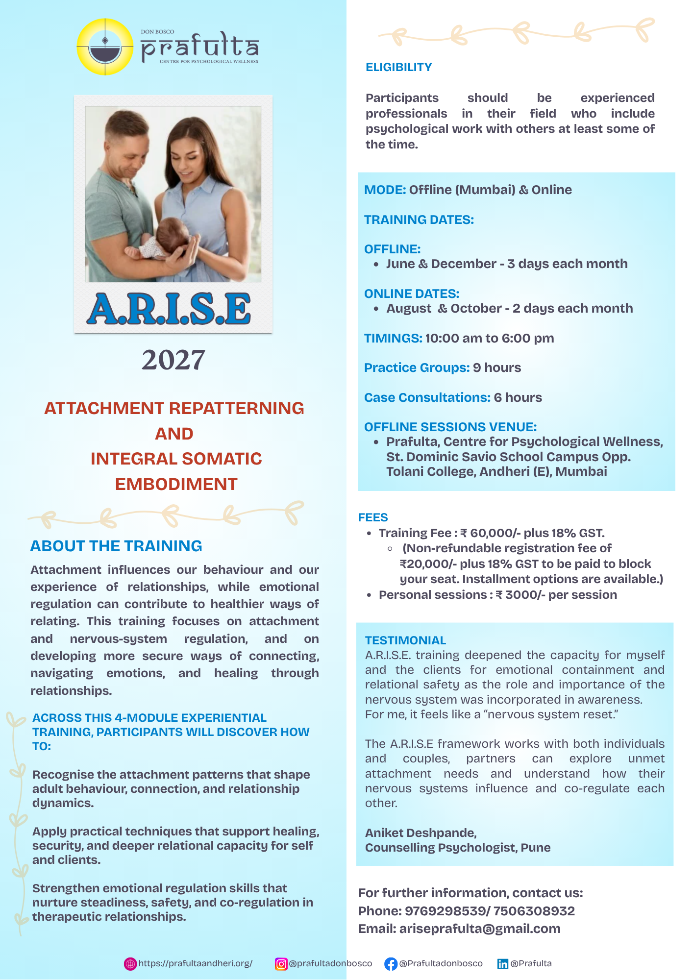 Attachment Repatterning and Integral Somatic Embodiment (A.R.I.S.E), Training 2027