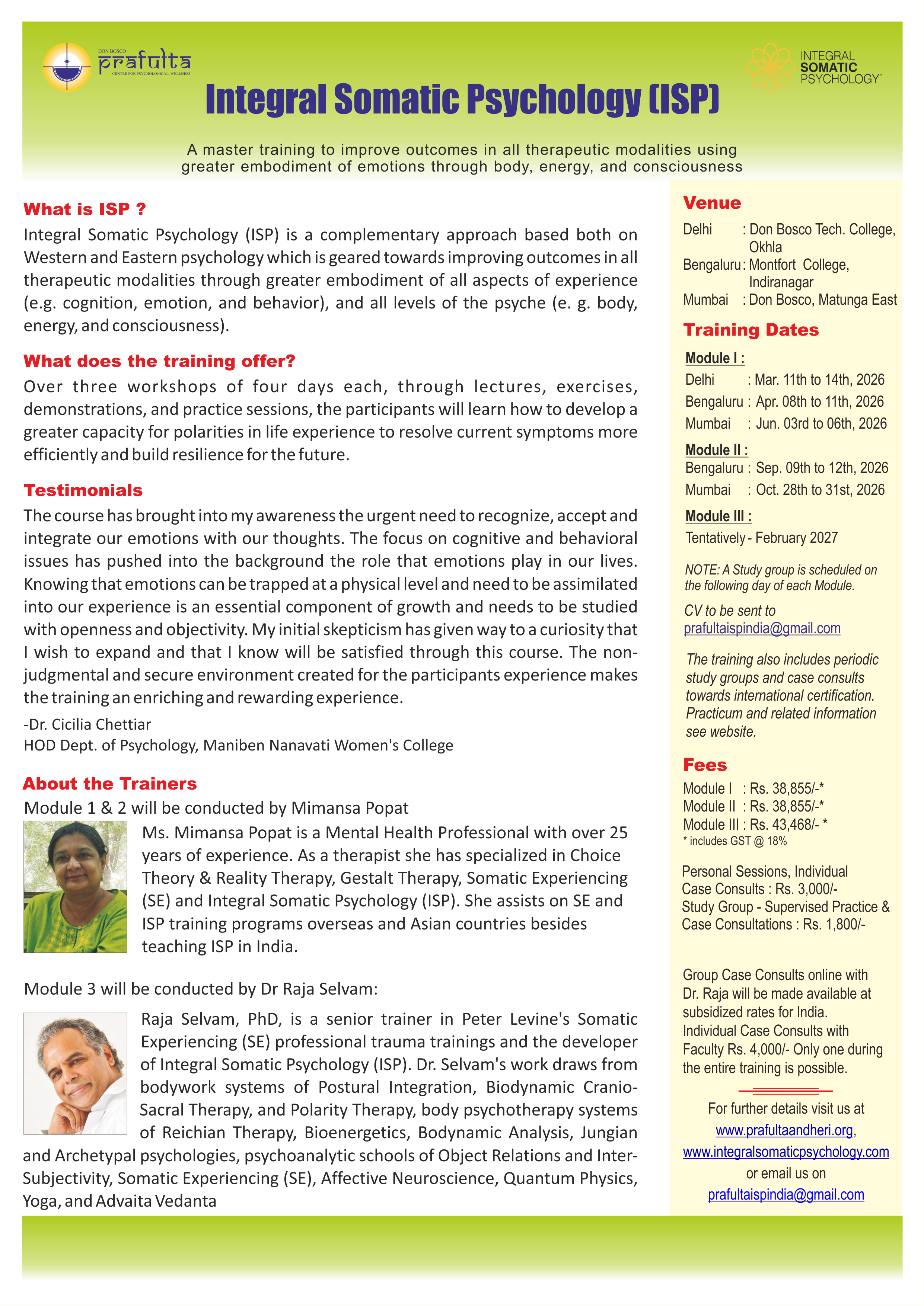 Integral Somatic Psychotherapy (ISP) 2026- 27