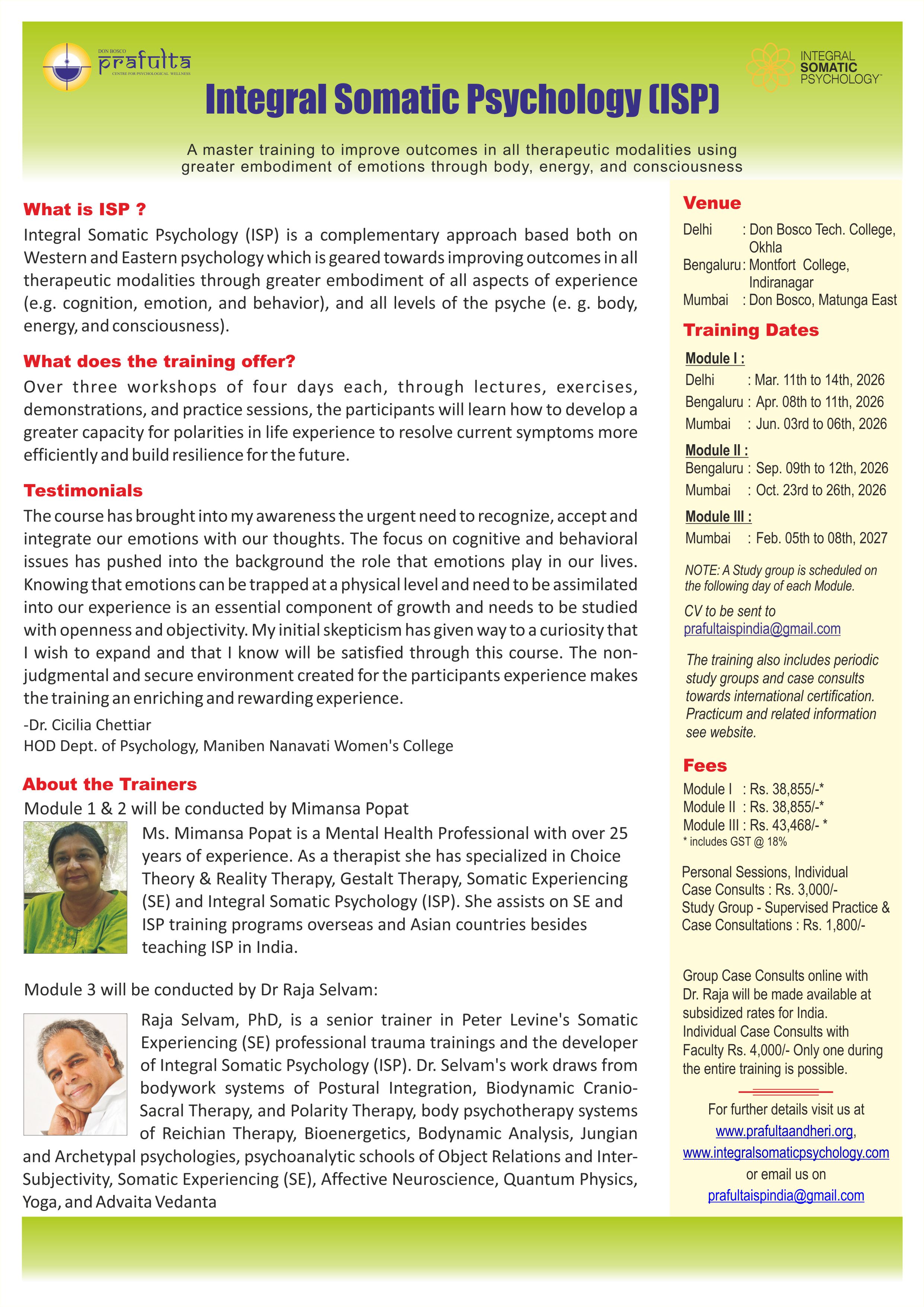 Integral Somatic Psychology (ISP) 2026- 27